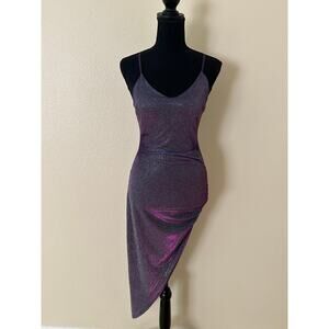 Q Women Purple Glitter Shimmer Asymmetrical Spaghetti Strap Side Ruched Dress S